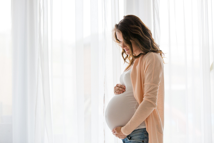 Portrait of young pregnant attractive woman, standing by the window