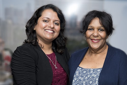 (From left to right) Nurse Ribi Kurian with Elease Jenkins. (Photo credit: Lorenz Meyer, McGovern Medical School)