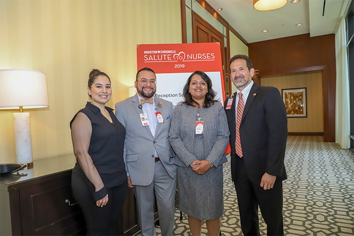 From left to right: Thelma Rios, LVN, with Omar Sandoval, BSN, RN, Ribi Kurian, RN and Andrew Casas, COO of UT Physicians.