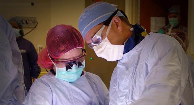 Dr. Gustavo Oderich (right) using an endovascular repair approach to treat complex aortic disease, while integrated vascular surgery resident, Dr. Akiko Tanaka (left) assists.