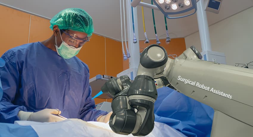 Surgeon using a surgical robot assistant during a procedure