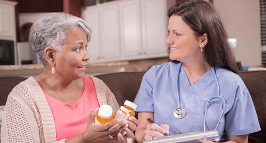 Doctor discussing medications with older woman with diabetes