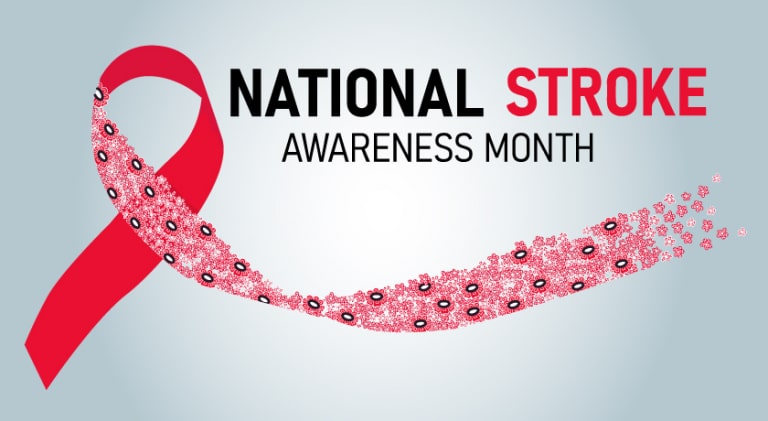 National Stroke Awareness Month graphic with red ribbon