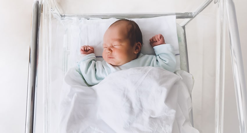 Newborn sleeps in hospital bassinet
