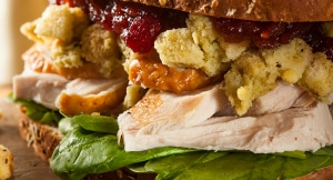 Turkey sandwich with stuffing and cranberry sauce