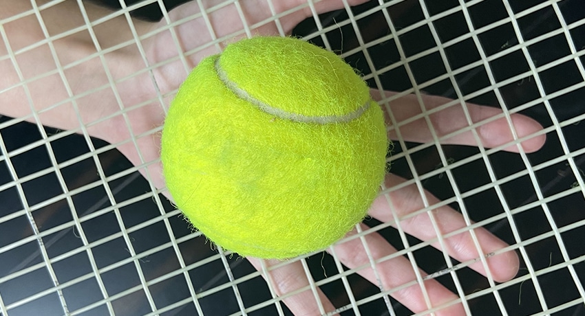 Hannah's hand behind a tennis ball and racket