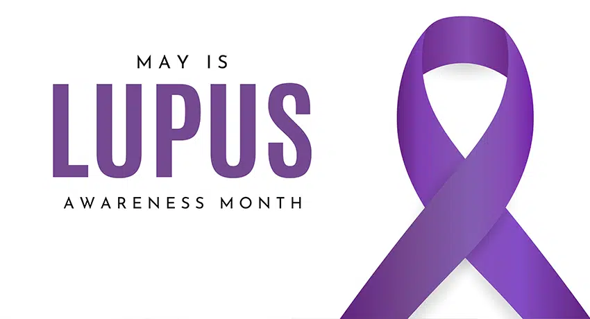 Purple ribbon indicating that May is lupus awareness month.