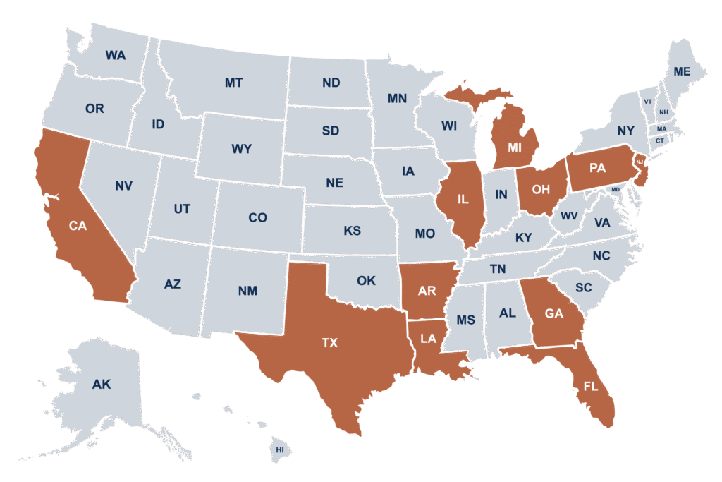 Licensed in the following states: California, Texas, Louisiana, Arkansas, Illinois, Michigan, Ohio, Pennsylvania, New Jersey, Georgia, & Florida
