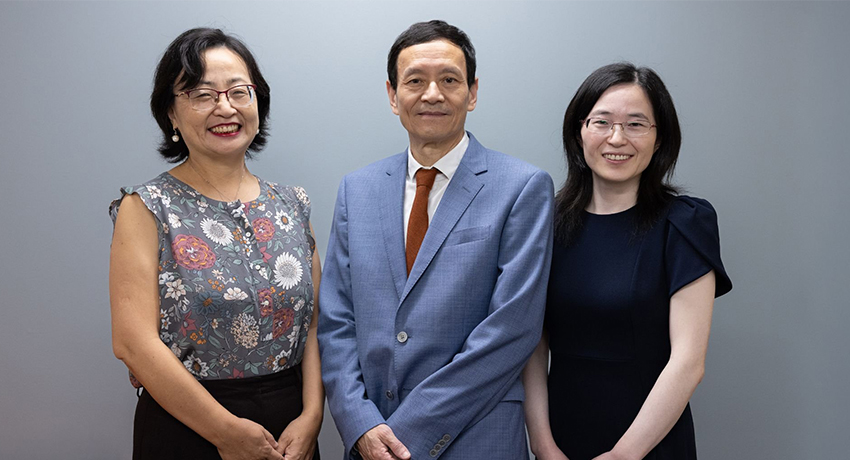 From left to right: Hongfang Liu, PhD; GQ Zhang, PhD; and Licong Cui, PhD. All three researchers will serve as principal investigators of the grant led by UTHealth Houston. (Photo by Rogelio Castro)