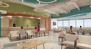Rendering of front desk and waiting room of Pediatric Multispecialty Katy