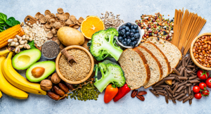 A variety of natural foods that contain fiber