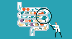 Illustration of a colon and healthy foods with a person holding a magnifying glass up to the colon.