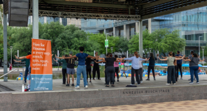 People doing tai chi class at Discovery Green in Houston