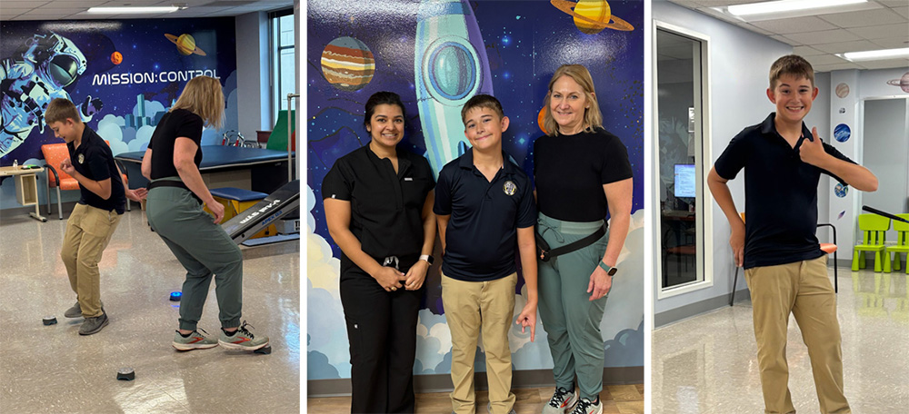 a three-photo collage of Carter in the Mission Control Therapy gym with his occupational therapist and his physical therapist.